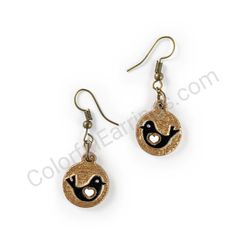 Wooden Drop Folk Earrings - Lovebird (circular), Black and white