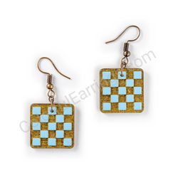 Wooden Drop Geometric Earrings - Chess Grid (square), Blue