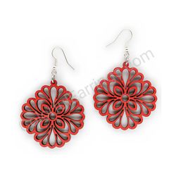 Wooden Drop Lace Earrings - Floral Touch (diamond-shaped), Red 2