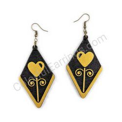 Wooden Drop Folk Earrings - Blooming Heart (diamond shape), Gold