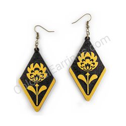 Wooden Drop Folk Earrings - Flower of Tradition (diamond shape), Gold