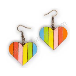 Wooden handmade heart earrings - Vertical Love (colorful)