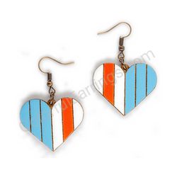 Wooden handmade heart earrings - Vertical Love (blue and red)