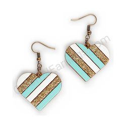 Wooden Drop Heart-shaped Earrings - Slanted Love (heart-shaped), Turquoise