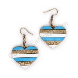 Wooden Drop Heart-shaped Earrings - Linear Love (heart-shaped), Blue