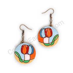 Wooden Drop Floral Earrings - Tulip Hug (circular), Multicolored