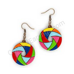 Wooden Drop Geometric Earrings - Hexa Spin (circular), Multicolored