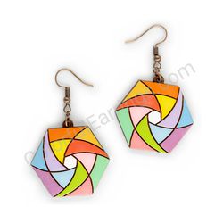 Wooden Drop Geometric Earrings - Hexa Spin Hexagon (irregular), Multicolored