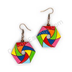 Wooden Drop Geometric Earrings - Hexa Spin Hexagon (irregular), Multicolored 2