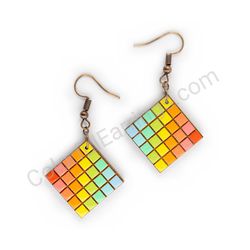 Wooden Drop Geometric Earrings - Rubik's Cube (diamond shape), Multicolored