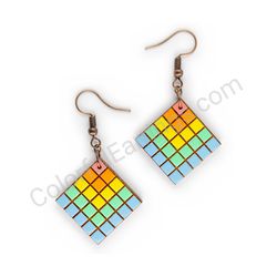 Wooden Drop Geometric Earrings - Rubik's Cube (diamond shape), Multicolored 2