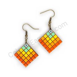 Wooden Drop Geometric Earrings - Rubik's Cube (diamond shape), Multicolored 3