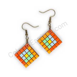 Wooden Drop Geometric Earrings - Rubik's Cube (diamond shape), Multicolored 4