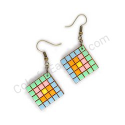 Wooden Drop Geometric Earrings - Rubik's Cube (diamond shape), Multicolored 5