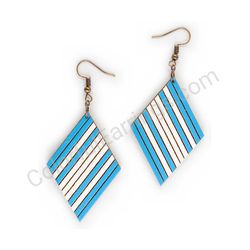 Wooden Drop Geometric Earrings - Slanted Stripes (diamond-shaped), Blue