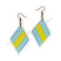 Wooden Drop Geometric Earrings - Slanted Stripes (diamond-shaped), Colorful 1