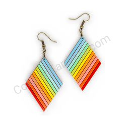 Wooden Drop Geometric Earrings - Slanted Stripes (diamond-shaped), Colorful 2