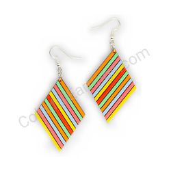 Wooden Drop Geometric Earrings - Slanted Stripes (diamond-shaped), Colorful 3