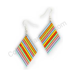 Wooden Drop Geometric Earrings - Slanted Stripes (diamond-shaped), Colorful 4