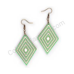 Wooden Drop Geometric Earrings - Infinite Layers (diamond shape), Green
