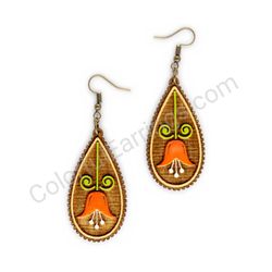 Wooden Drop Folk Earrings - Tulip (teardrop, slim), Orange