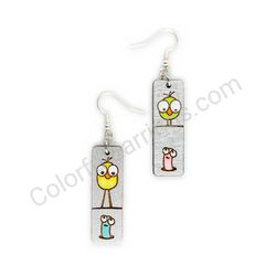 Wooden Drop Funky Earrings - Bird and Worm Duo 2 (rectangular), Multicolored