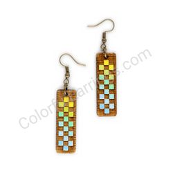 Wooden Drop Geometric Earrings - Chess Grid (rectangular), Colorful 1