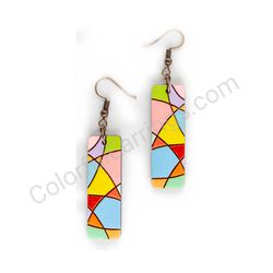 Wooden Drop Geometric Earrings - Asymmetric Curves (rectangular), Colorful 1