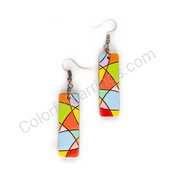 Wooden Drop Geometric Earrings - Asymmetric Curves (rectangular), Colorful 2