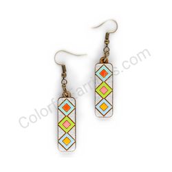 Wooden Drop Geometric Earrings - Diamond Stripes 3 (rectangular), Colorful