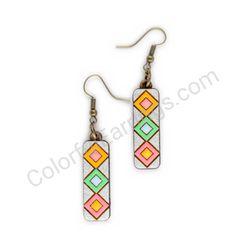 Wooden Drop Geometric Earrings - Diamond Stripes 3 (rectangular), Colorful 2