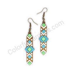 Wooden handmade geometric earrings - Arrowed Diamonds (green and blue)