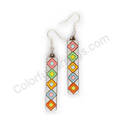 Wooden Drop Geometric Earrings - Diamond Stripes 5 (rectangular), Colorful