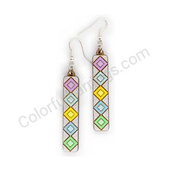 Wooden Drop Geometric Earrings - Diamond Stripes 5 (rectangular), Colorful 2