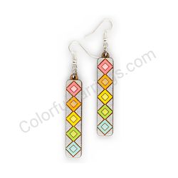 Wooden Drop Geometric Earrings - Diamond Stripes 5 (rectangular), Colorful 3