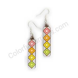 Wooden Drop Geometric Earrings - Diamond Stripes 4 (rectangular), Colorful