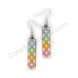 Wooden Drop Geometric Earrings - Diamond Stripes 4 (rectangular), Colorful 2