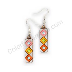 Wooden Drop Geometric Earrings - Diamond Stripes 3 (rectangular), Colorful 3