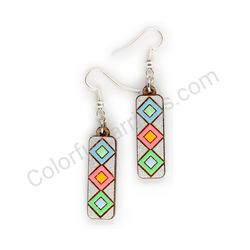 Wooden Drop Geometric Earrings - Diamond Stripes 3 (rectangular), Colorful 4