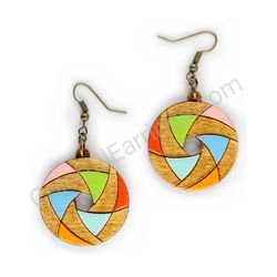 Wooden Drop Geometric Earrings - Hexa Spin (circular), Multicolored 3