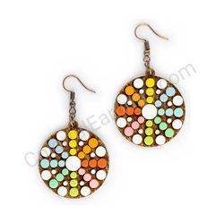 Wooden handmade mandala earrings - Geometric Spin (colorful, medium)