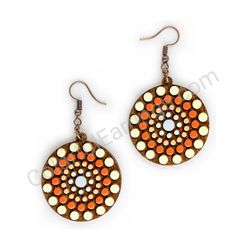 Wooden handmade mandala earrings - Echo Circles (red-yellow, medium)