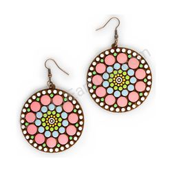 Wooden Drop Geometric Earrings - Beaded Orbit (circular, large), Colorful 1