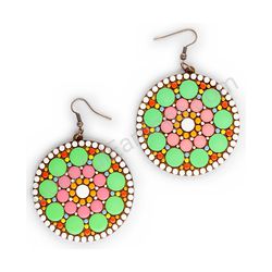 Wooden Drop Geometric Earrings - Beaded Orbit 2 (circular, large), Colorful 1