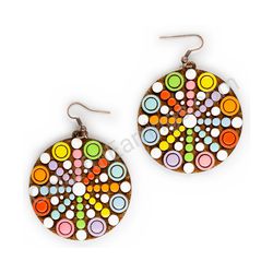 Wooden handmade mandala earrings - Geometric Spin 2 (colorful, large)
