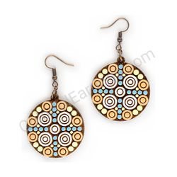 Wooden handmade mandala earrings - Target Glow (blue-orange, medium)