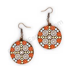 Wooden handmade mandala earrings - Target Glow (yellow-red, medium)