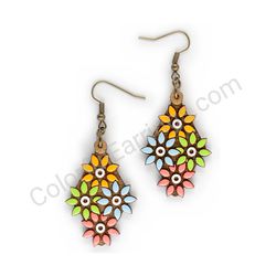 Wooden Drop Floral Earrings - Overflowing Sharp Blossom (diamond shape), Multicolored