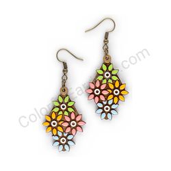 Wooden Drop Floral Earrings - Overflowing Sharp Blossom 2 (diamond shape), Multicolored