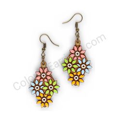 Wooden Drop Floral Earrings - Overflowing Sharp Blossom 3 (diamond shape), Multicolored
